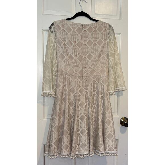 Eliza J Ivory Embroidered Lace Illusion Pom Pom Fit Flare Dress Size 6 - Picture 7 of 9